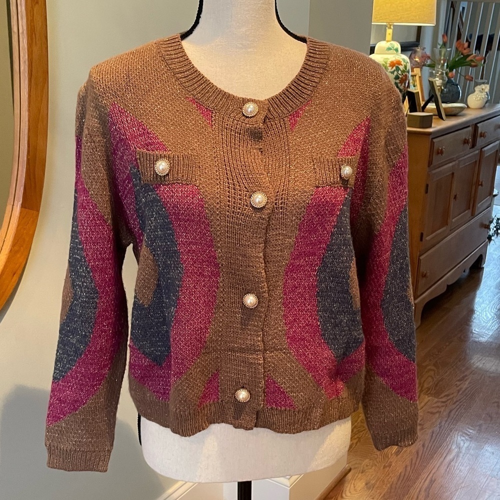 SHEIN Cardigan Size Large Pretty Button Detail Brien Pink Blue Pattern Shimmer